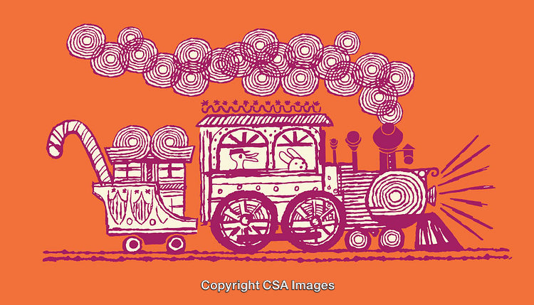 Stylized Vintage Train Illustration with Holiday Decorations and Bright Colors
