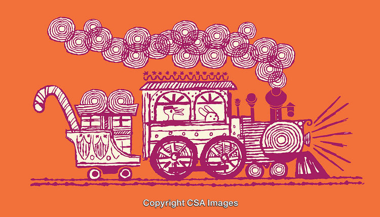 Stylized Vintage Train Illustration with Holiday Decorations and Bright Colors