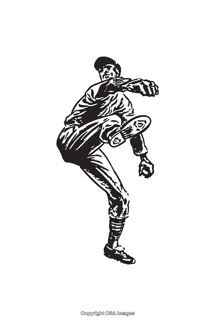 Black and White Retro Line Art of a Baseball Pitcher in Action