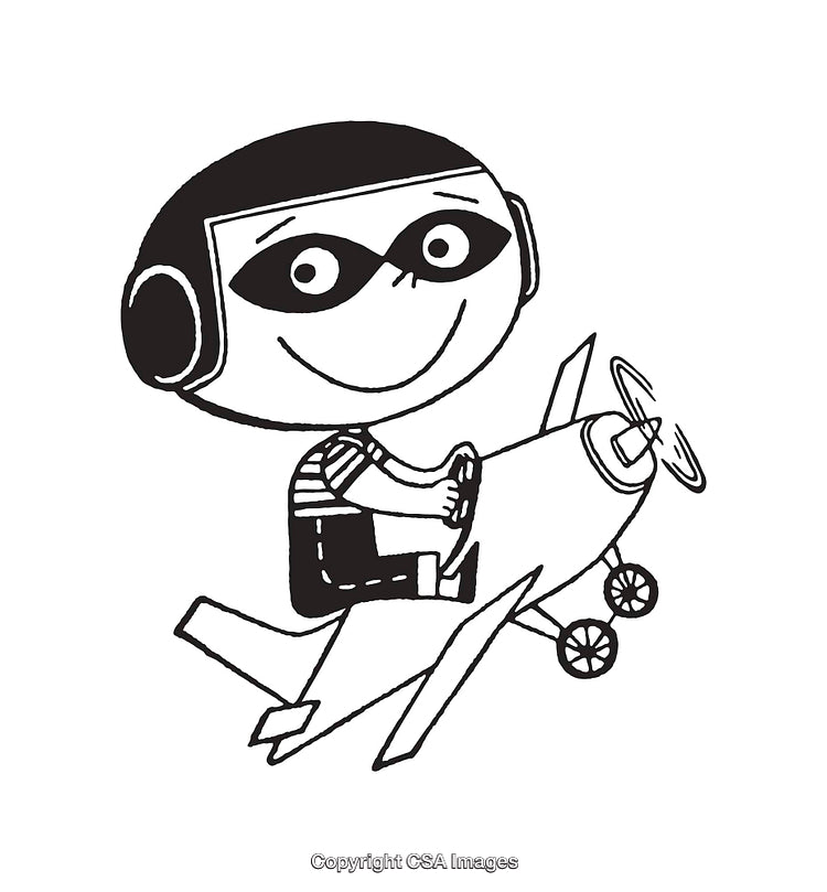 Playful Child Piloting a Toy Airplane in Cartoon Style Line Art