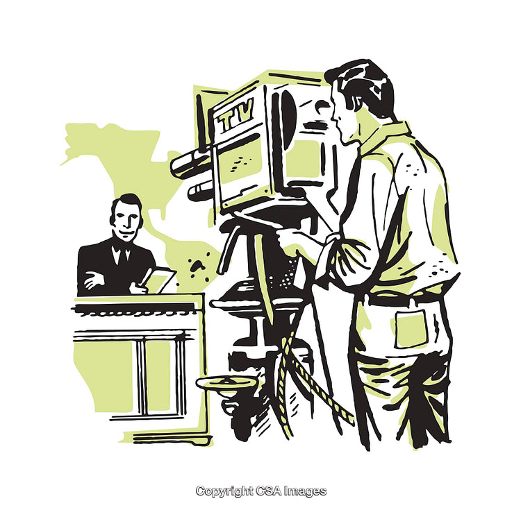 Retro Television Studio Scene Depicting Cameraman and Anchor on Air