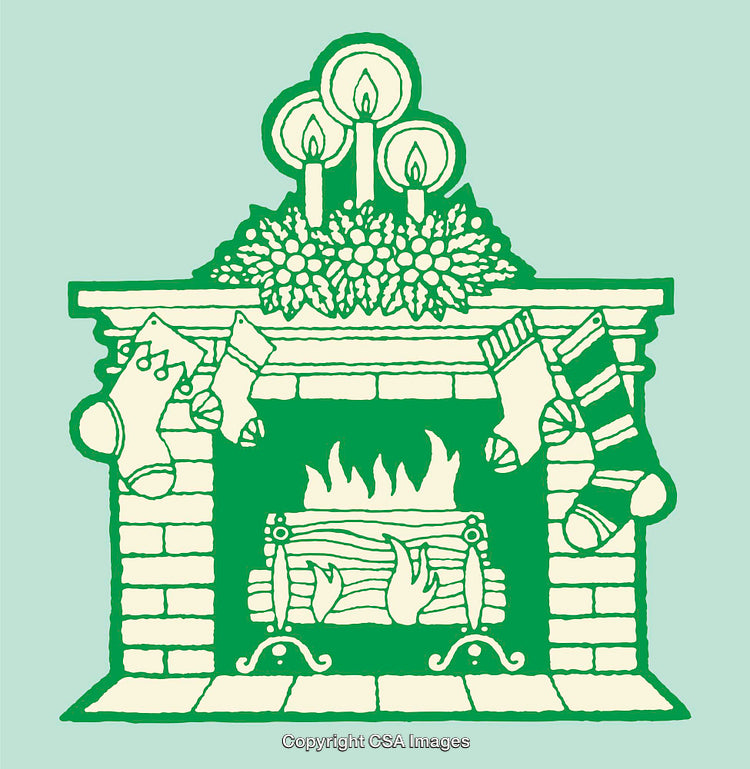 Christmas Fireplace Scene with Stockings and Candles in Green Line Art