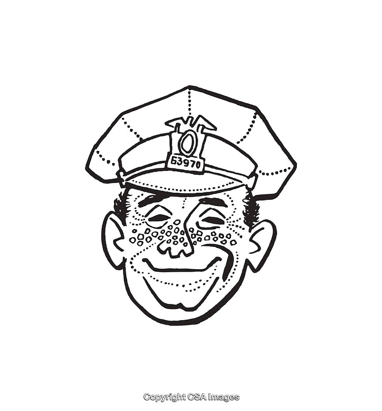 Black and White Line Art of Smiling Policeman Cartoon