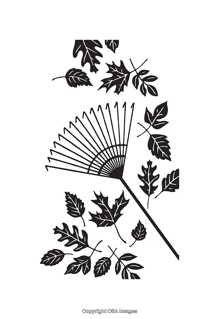 Black and White Line Art Illustration of a Rake with Fallen Leaves