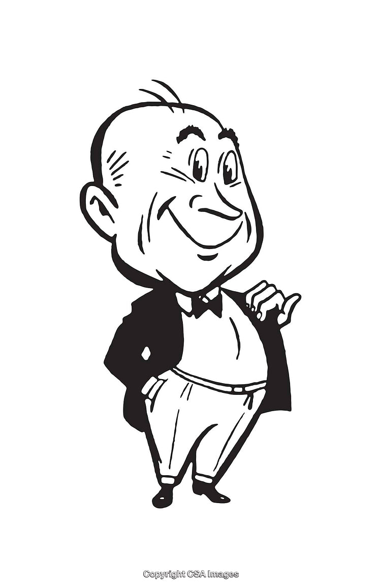 Black and White Line Art Illustration of a Cheerful Businessman