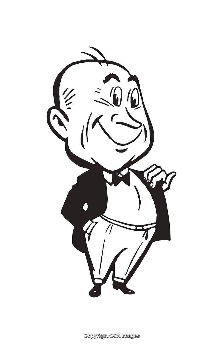Black and White Line Art Illustration of a Cheerful Businessman