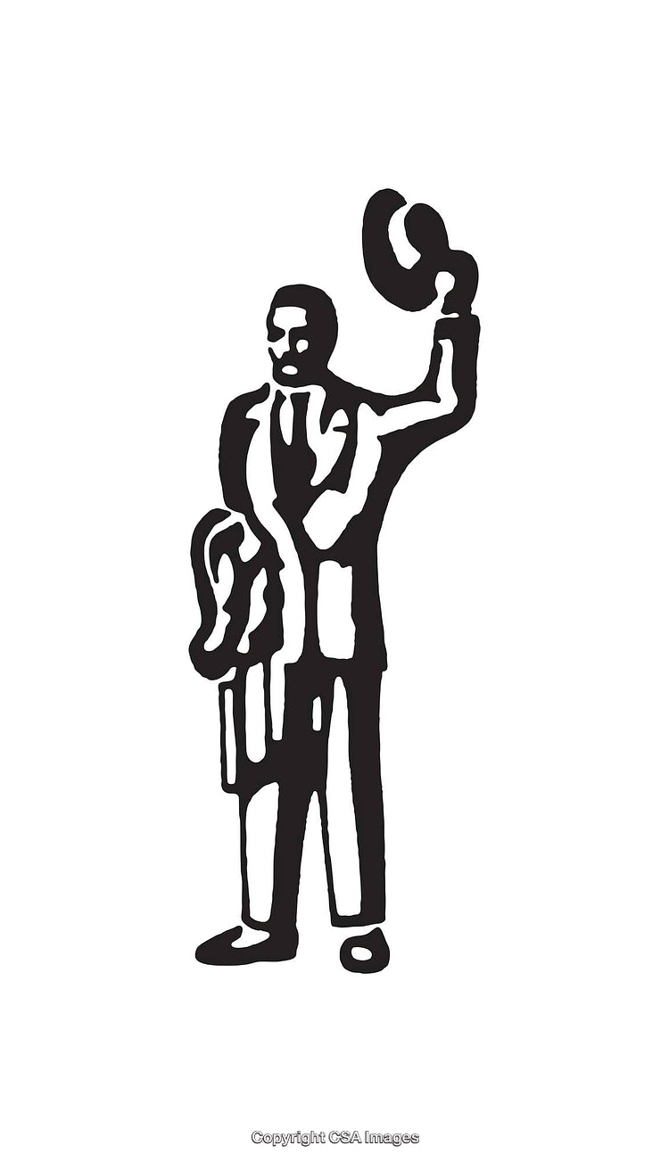 Black and White Illustration of a Man Waving a Hat in Greeting