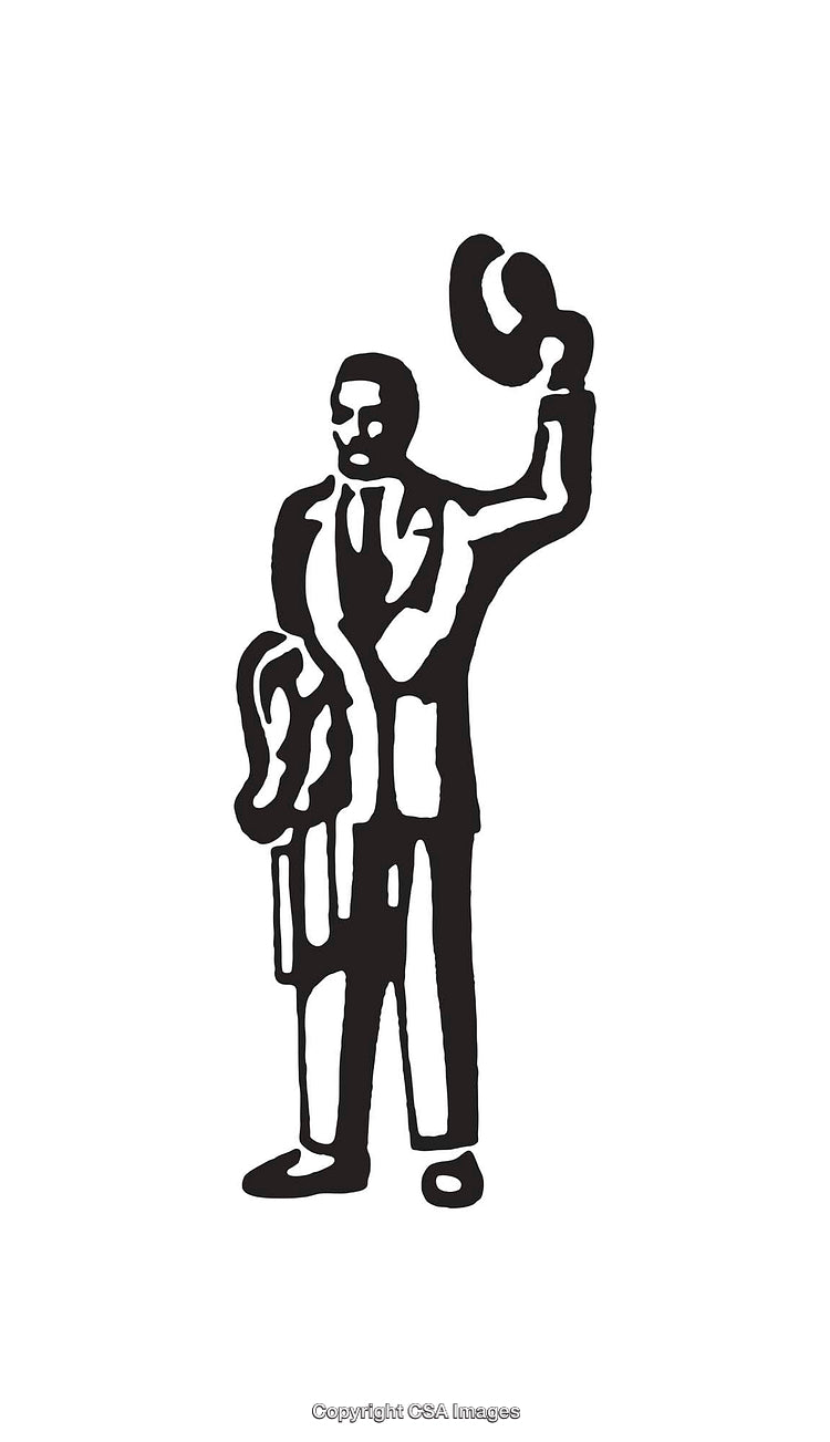 Black and White Illustration of a Man Waving a Hat in Greeting