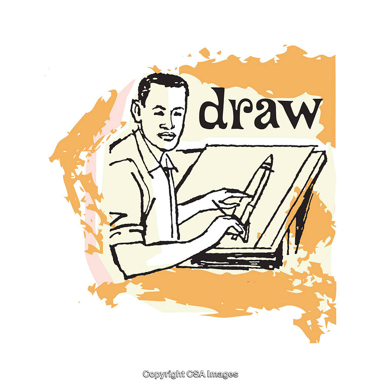 Stylized Illustration of an Artist Using a Drawing Board and Tools