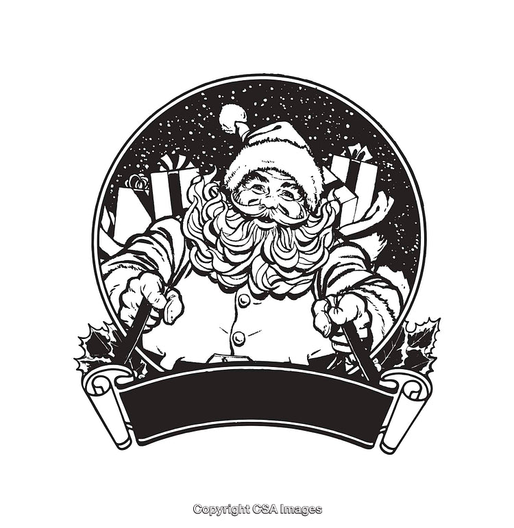 Intricate Black and White Line Art Depicting Santa Claus With Presents