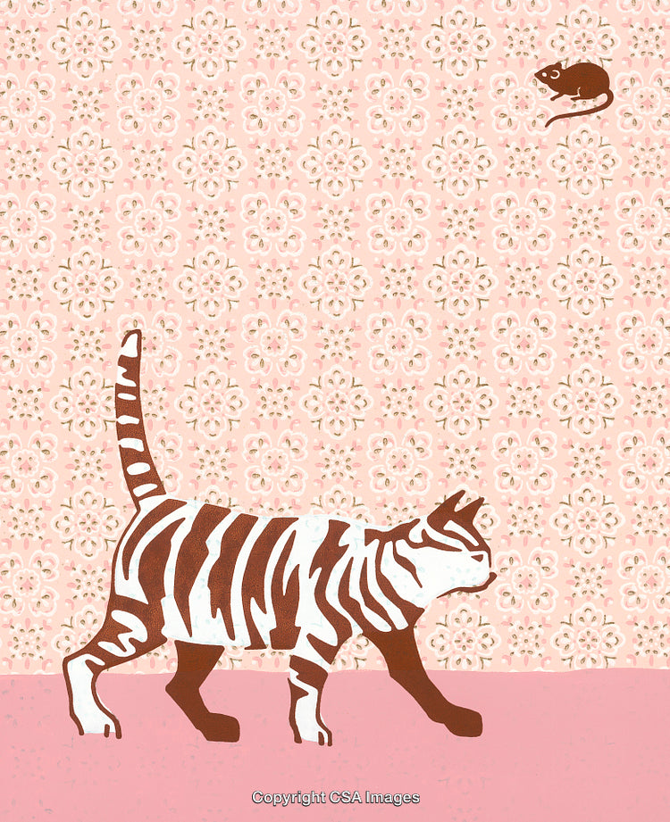 Stylized Cat and Mouse Illustration on Ornamental Floral Patterned Background