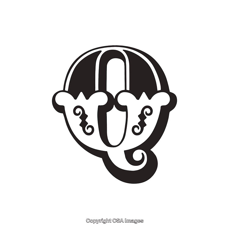 Elegant Decorative Letter Q in Black with Ornaments on White Background