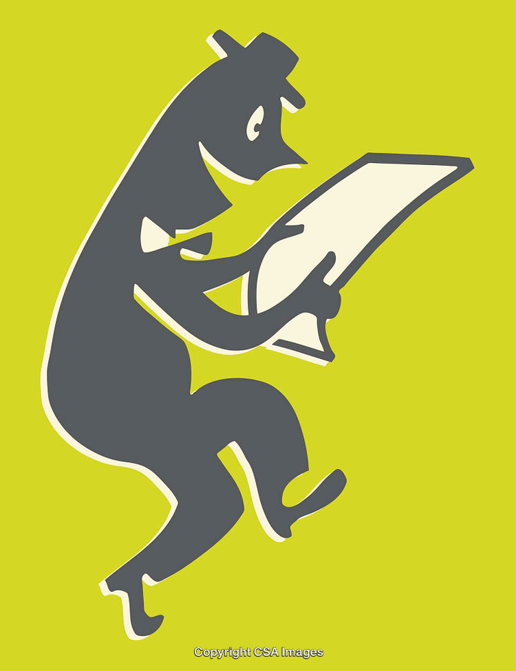 Stylized Character Reading Map on Lime Green Background