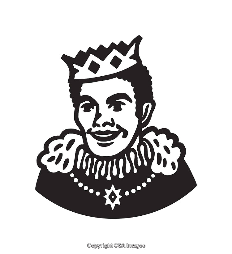 Black And White Illustration of Smiling King with Crown and Royal Attire