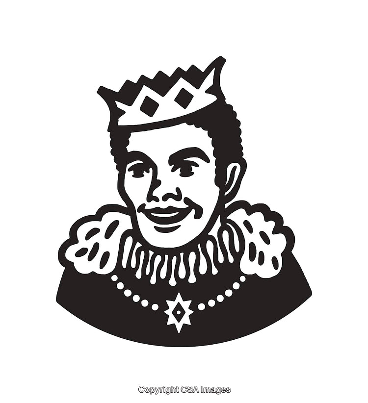 Black And White Illustration of Smiling King with Crown and Royal Attire