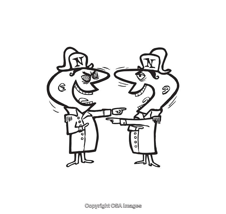Two Identical Cartoon Characters Pointing and Smiling in Line Art Style