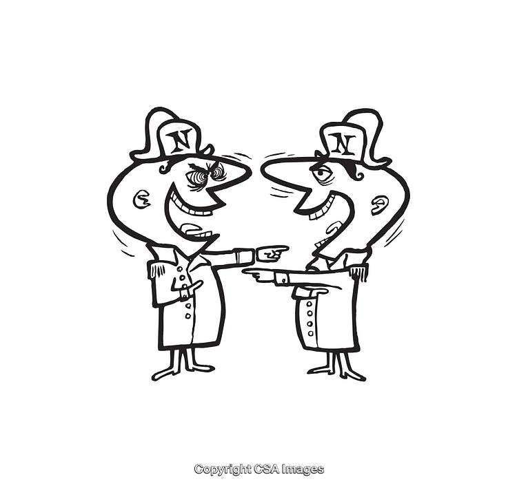 Two Identical Cartoon Characters Pointing and Smiling in Line Art Style