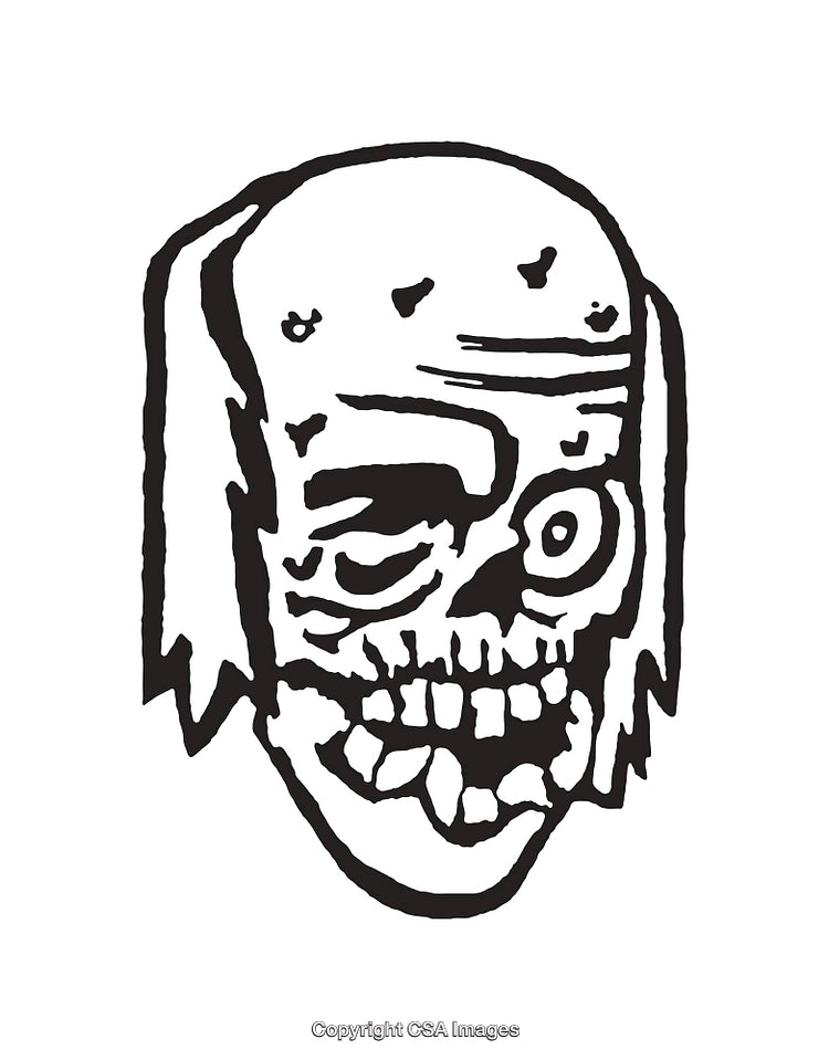 Black and White Illustration of a Stylized Skull with Distressed Features