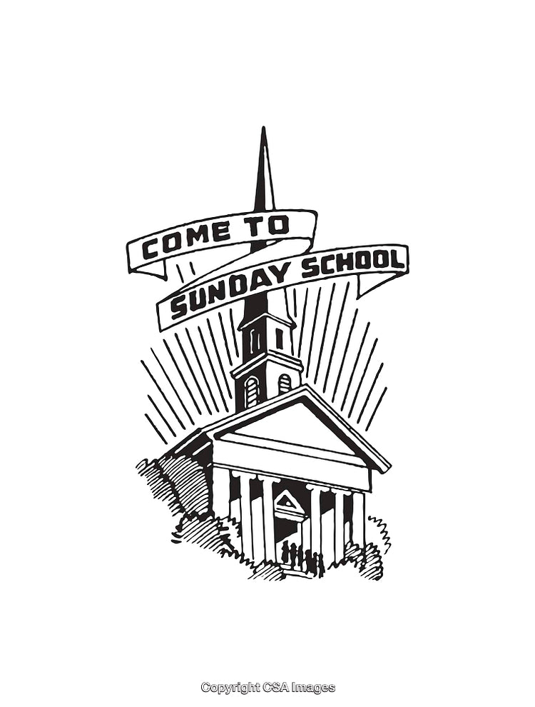 Line Art Illustration Promoting Sunday School Attendance Featuring a Church Scene