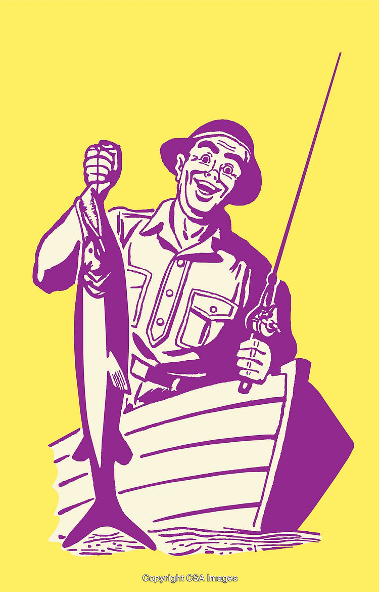 Fisherman Smiling Holding a Large Fish in a Boat in Color Line Art