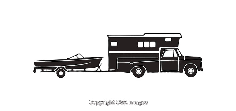 Silhouette of a Truck and Camper with a Boat Trailer Attached