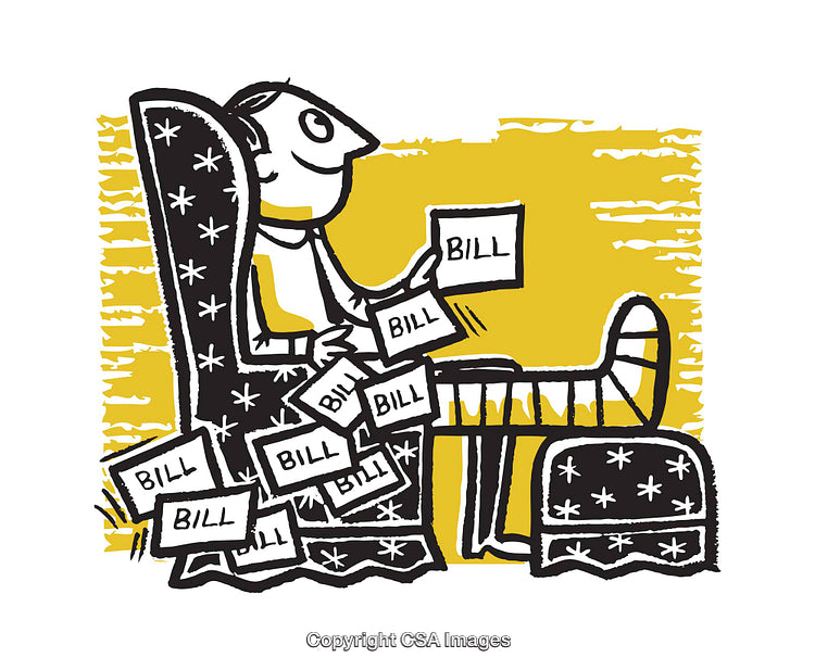 Man Overwhelmed by Bills in a Quirky Cartoon Illustration