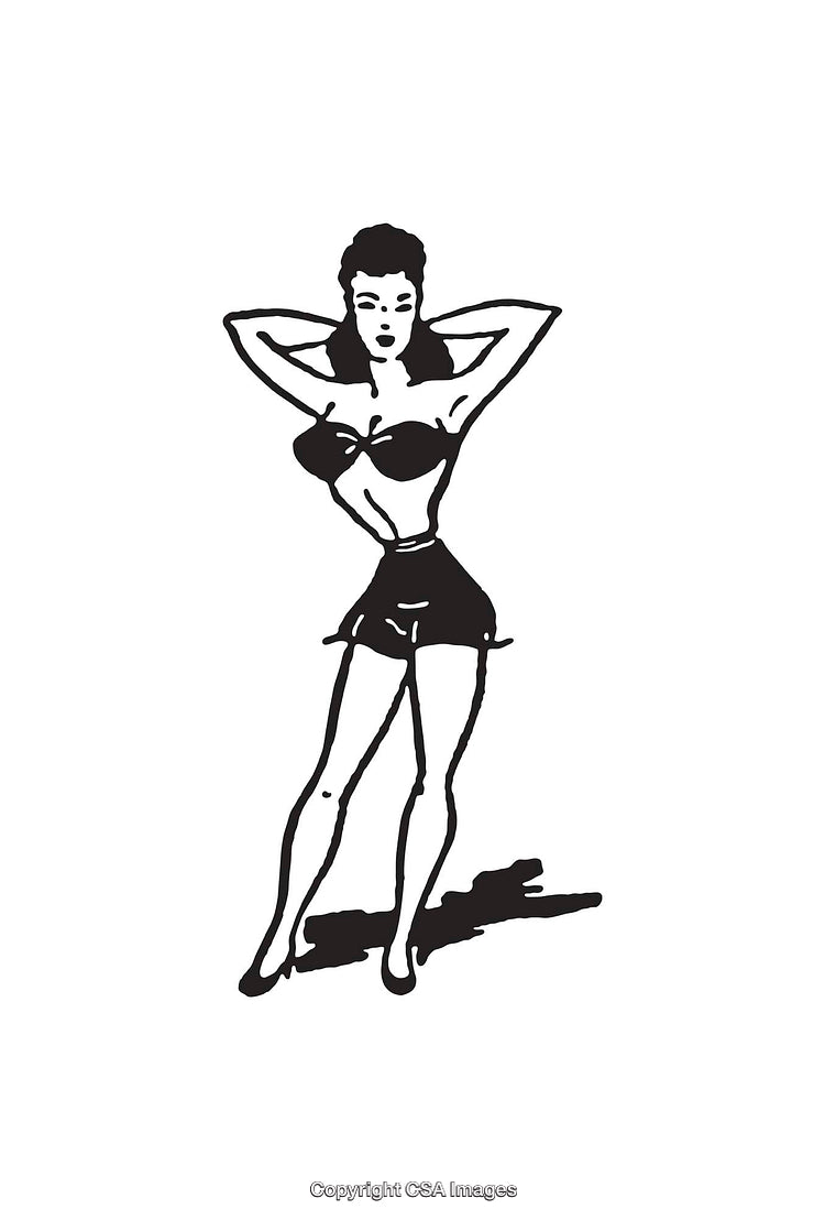 Classic Black and White Line Art of a Standing Woman in Stylish Attire