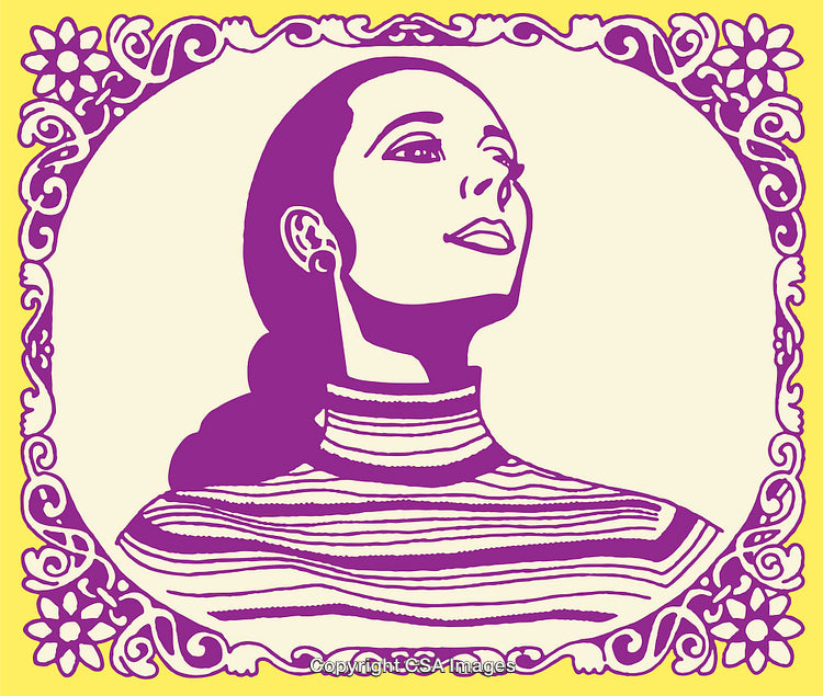 Colorful Line Art Illustration of Woman in Striped Sweater with Ornate Border