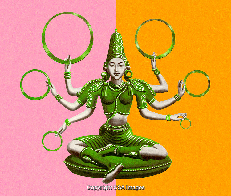 Colorful Artistic Representation of a Multi-Armed Figurine on Vibrant Background