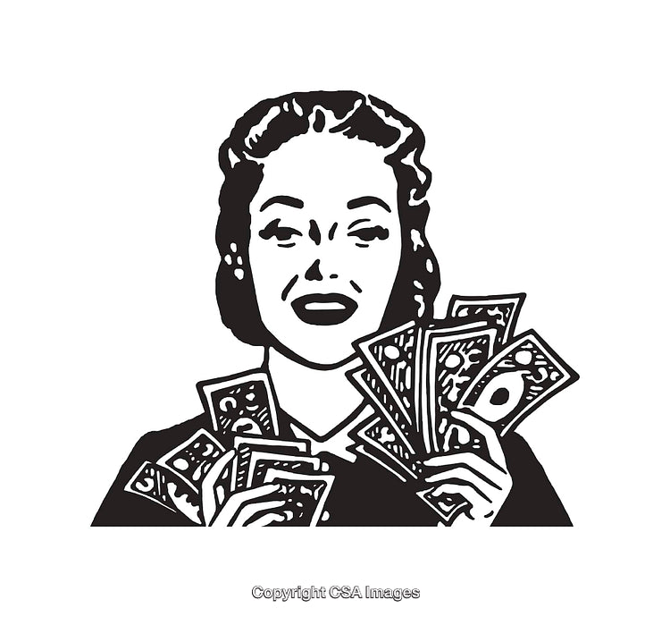 Retro Style Black and White Illustration of Woman Holding Money
