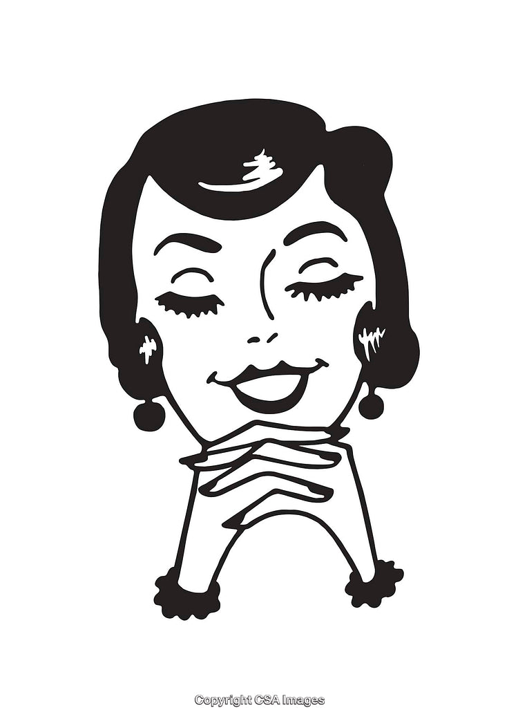 Retro Style Black and White Line Art Illustration of a Smiling Woman