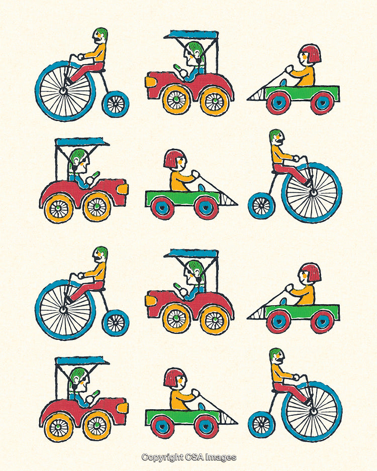 Vintage Style Handcrafted Cartoon Illustrations of Kids Riding Unique Vehicles