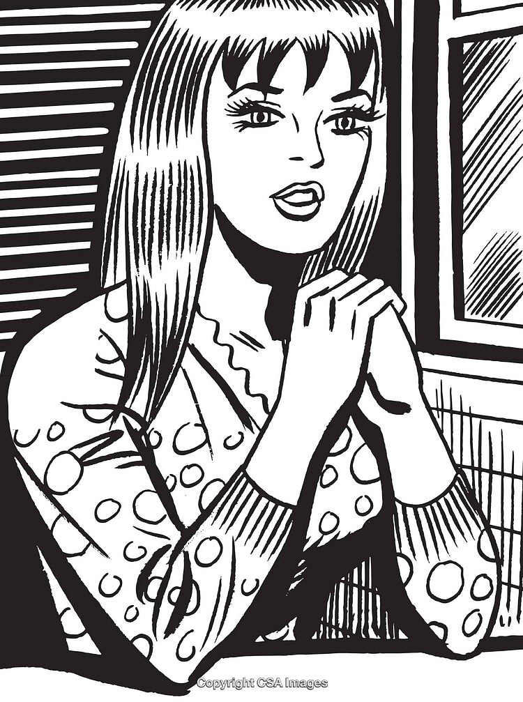 Monochrome Illustration of a Retro Woman in Thoughtful Expression by a Window