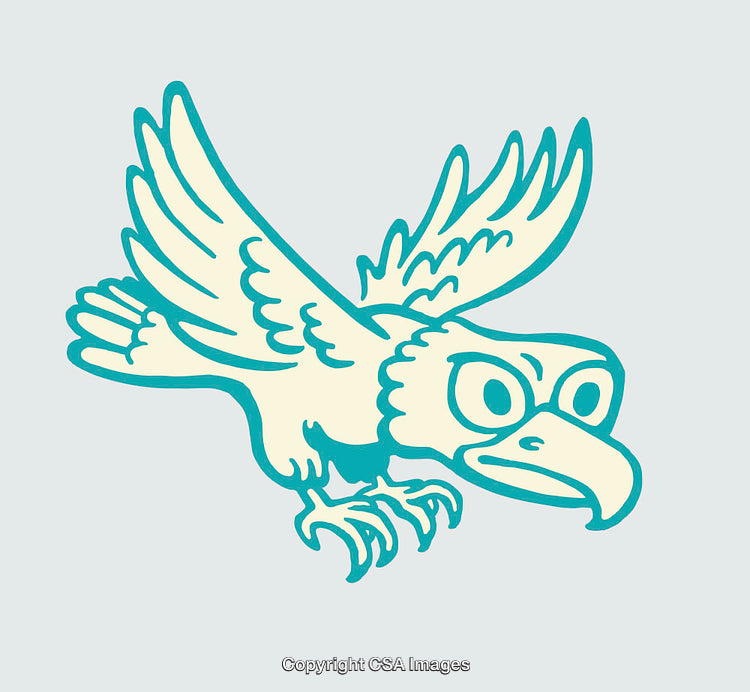 Stylized Illustration of a Flying Hawk in Blue and Beige Tones