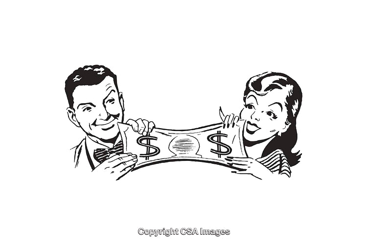 Retro Line Art Illustration Depicting Financial Conflict Between a Couple