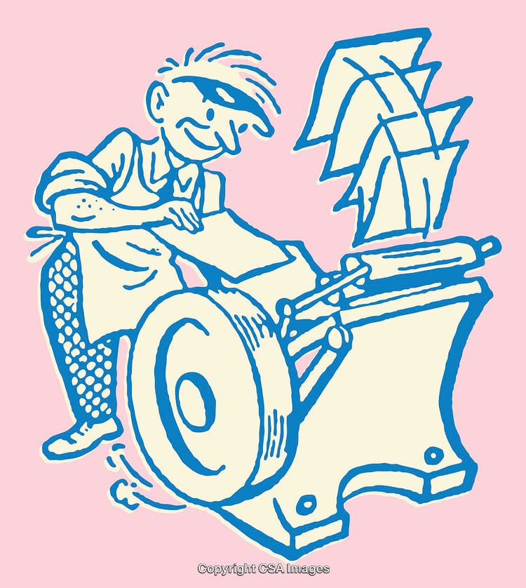 Illustration of a Vintage Printing Press and Operator in Vibrant Colors