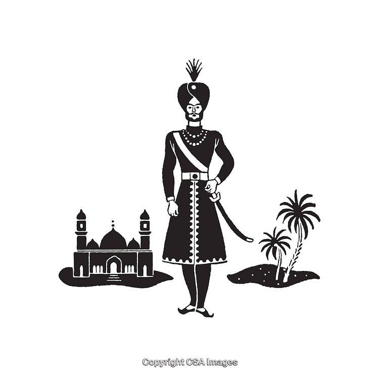 Black and White Illustration of Traditional Royalty with Architecture and Palm Trees