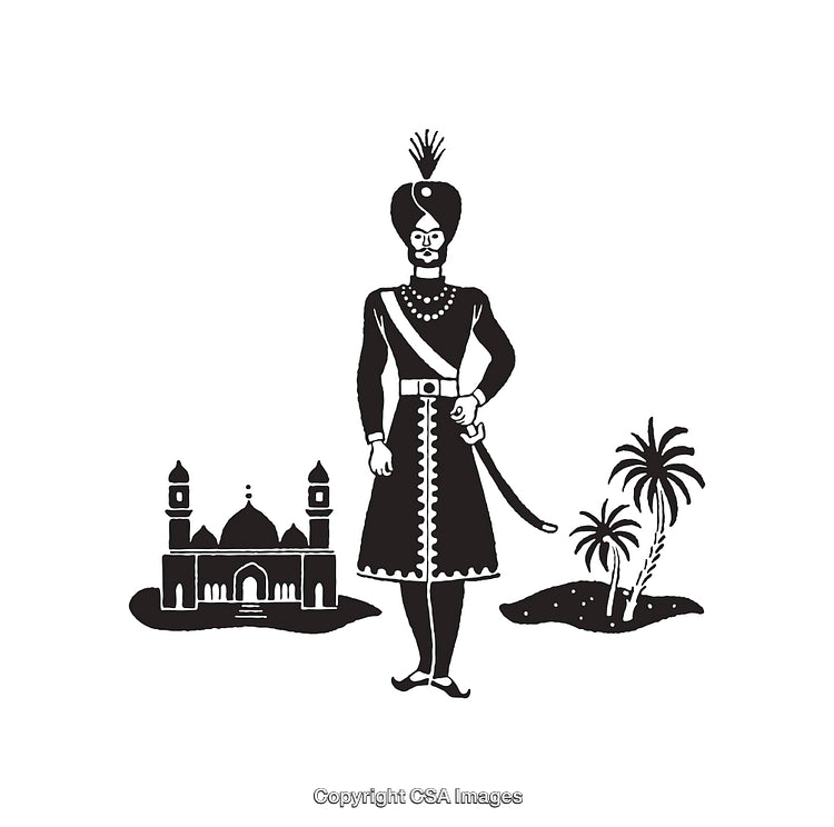 Black and White Illustration of Traditional Royalty with Architecture and Palm Trees