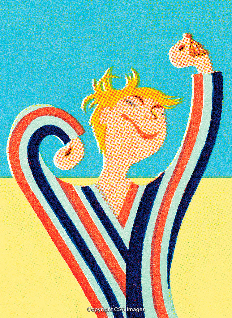 Illustration of Cheerful Person Celebrating with Joyful Pose and Colorful Stripes