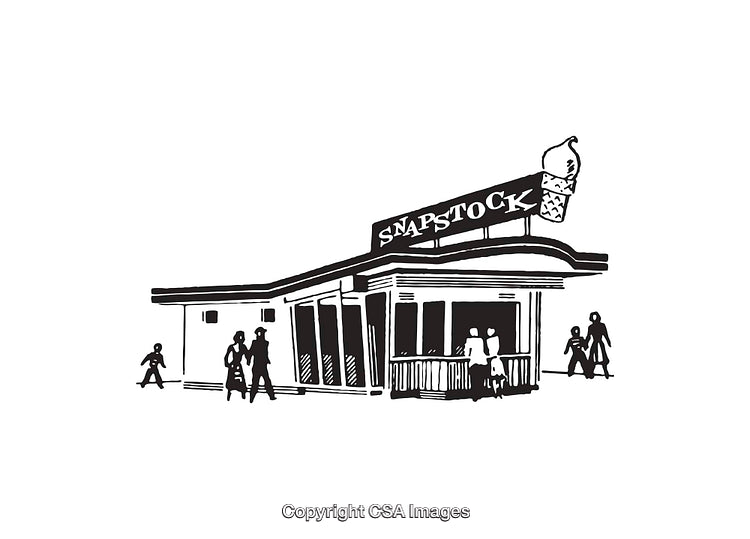 Black and White Line Art of Family-Friendly Ice Cream Shop