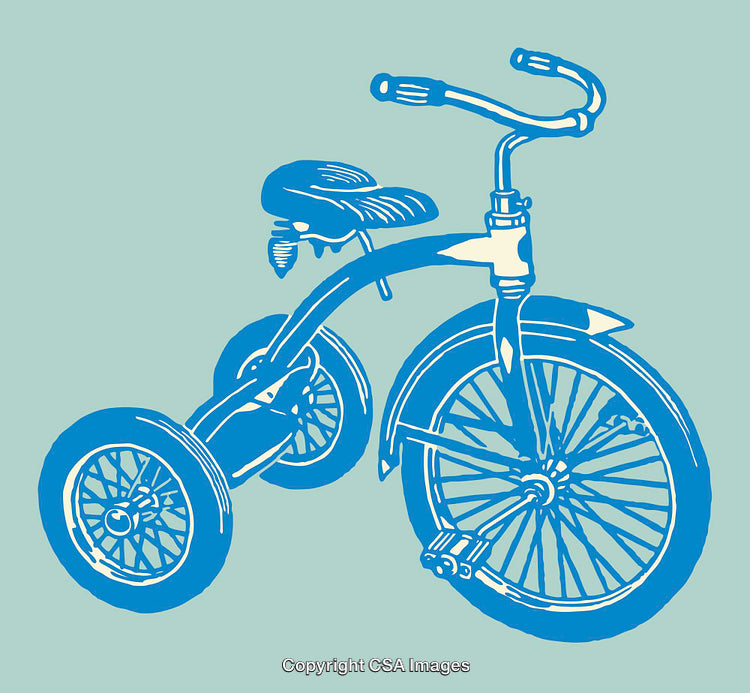 Blue Line Art Illustration of a Classic Children's Tricycle on Teal Background