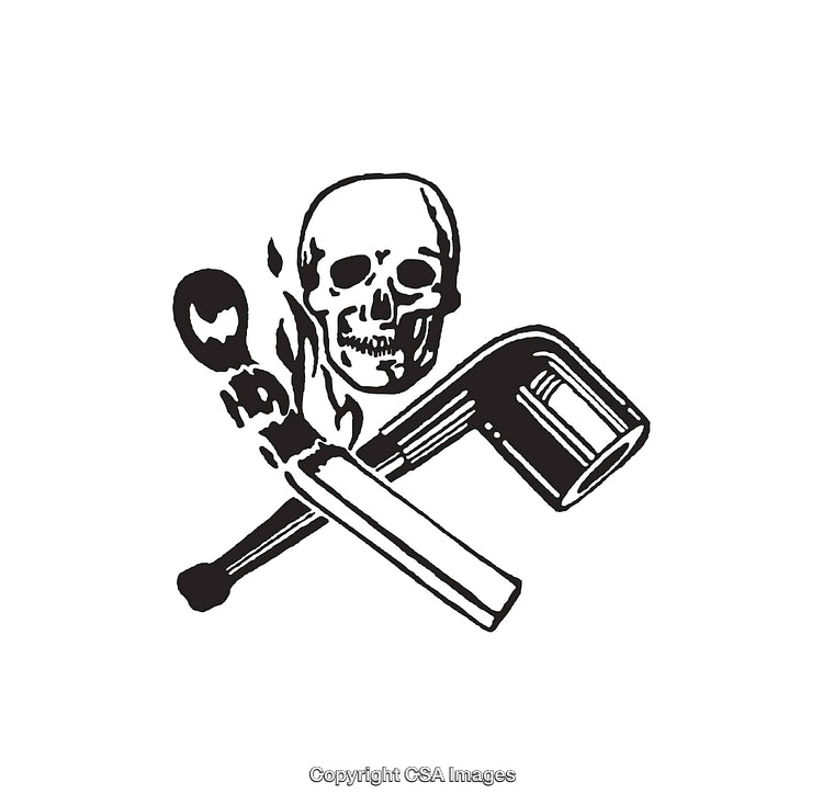 Black and White Line Art Illustration of Skull with Pipe and Match
