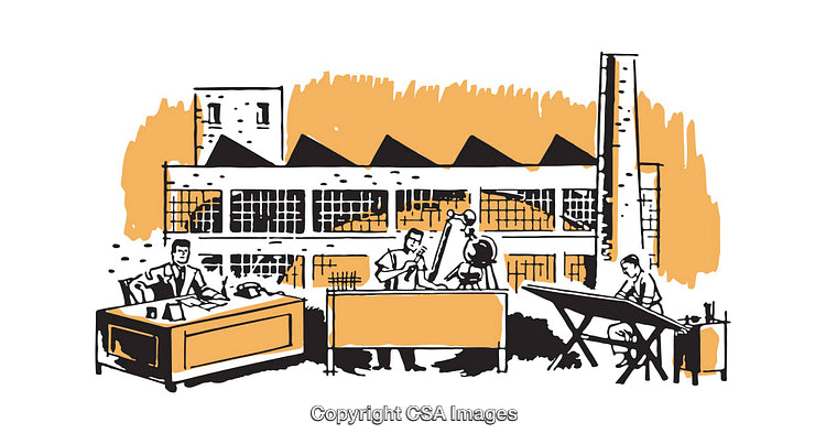 Industrial Era Business Illustration Depicting Workplace Activities and Collaboration
