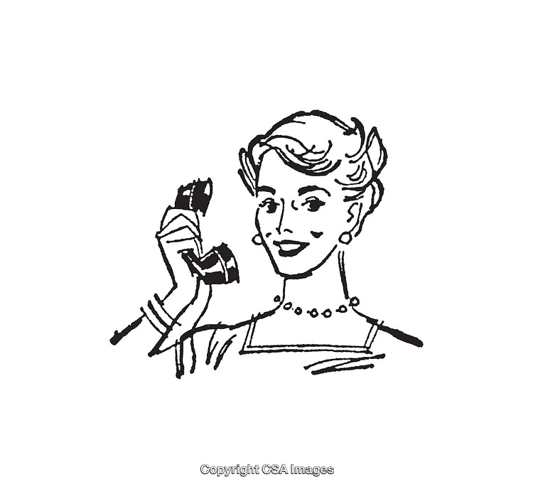 Retro Line Art Illustration of a Smiling Woman Holding a Telephone