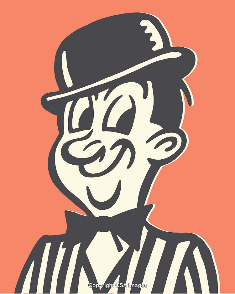 Vintage Illustrated Gentleman Character in Bowler Hat and Striped Suit