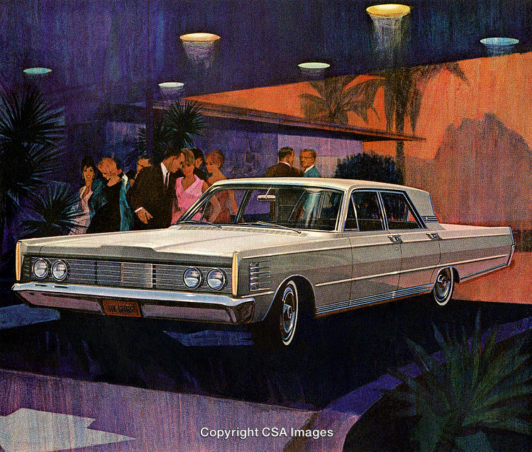 Vintage White Sedan Depicted in a Stylish Nighttime Social Gathering Scene