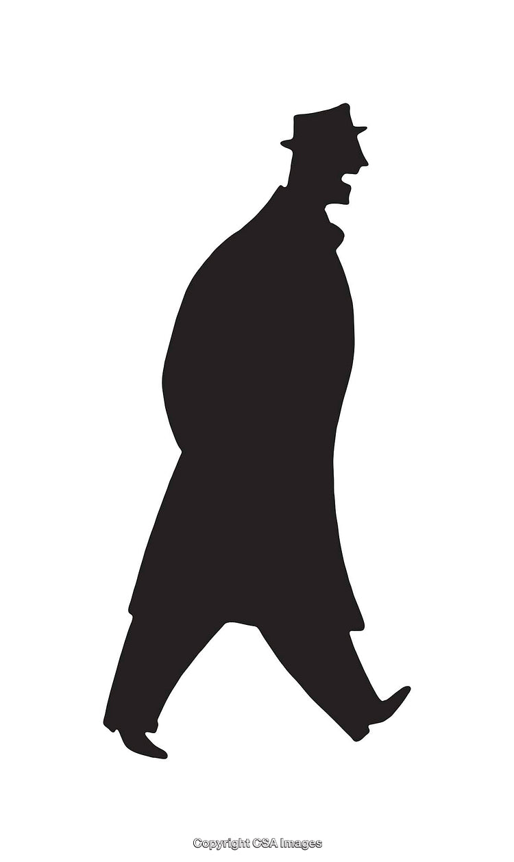 Silhouette of a Man in a Hat Walking Forwarding on White Background