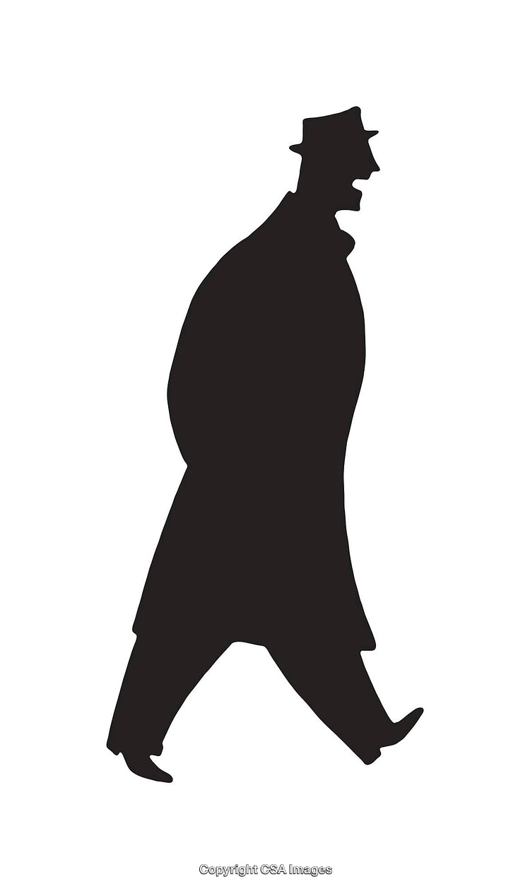 Silhouette of a Man in a Hat Walking Forwarding on White Background
