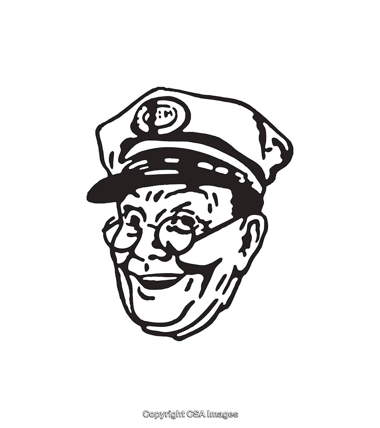 Black And White Line Drawing of a Smiling Person in Uniform Hat
