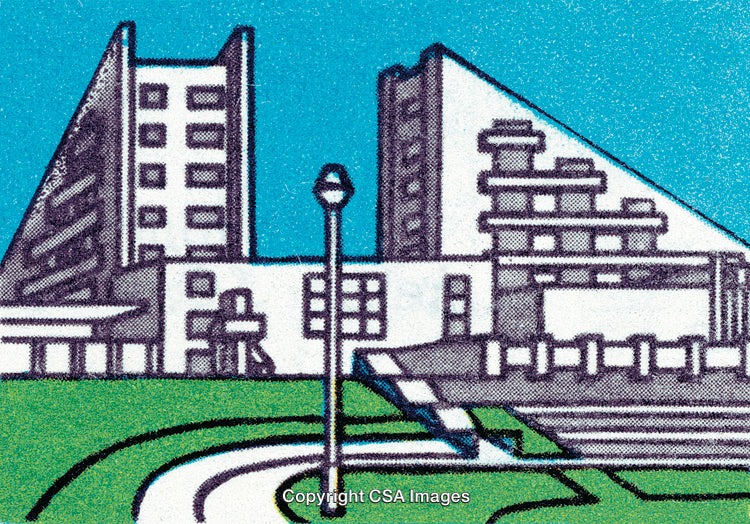 Modern Architectural Illustration with Unique Building Design on Blue Background